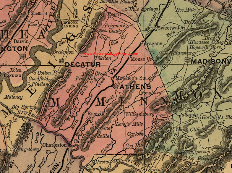 McMinn County, Tennessee 1888 Map Athens, Piketon, Reagans, Sanfordville, Mecca, Nonaburg, Williamsburg, Calhoun, Prigmore, TN