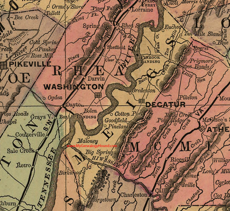 Meigs County, Tennessee 1888 Map Decatur, Maloney, Euchee, Bredenton, Goodfield, Georgetown, Big Spring, Pineland, Cotton Port, Ten Mile Stand, Pinhook Landing, Bogges Roads, TN 