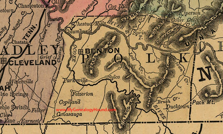 Polk County, Tennessee 1888 Map Benton, Conasauga, Copeland, Fetzerton, Parksville, Sylco, Ducktown, Rymer, Columbus, Chestua Mills, Springtown, TN