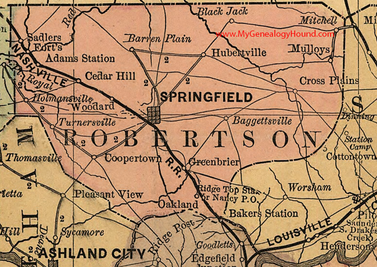 Robertson County, Tennessee 1888 Map Springfield, Greenbrier, Cross Plains, Mulloys, Woodard, Coopertown, Baggettsville, Holmansville, Hubertville, TN