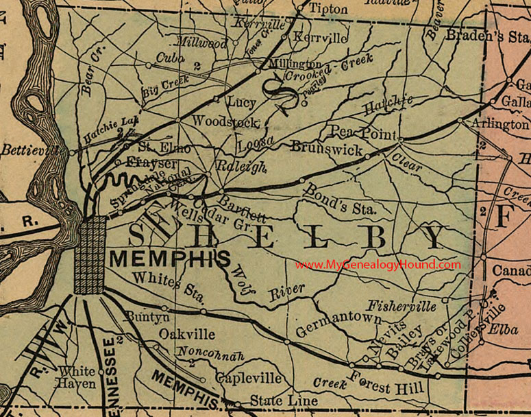 Shelby County, Tennessee 1888 Map Memphis, Bartlett, Collierville, Germantown, Arlington, Frayser, White Haven, Raleigh, Woodstock, TN