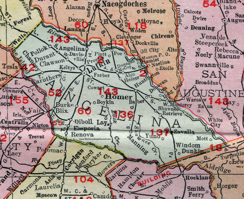 Angelina County, Texas, 1911, Map, Rand McNally, Lufkin, Homer, Zavalla, Diboll, Huntington, Burke, Keltys, Pollok, Manning, Clawson, Prosser, Boykin, Blix, Renova, Chancey