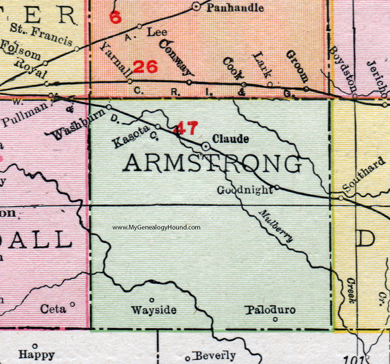 Armstrong County, Texas, 1911, Map, Rand McNally, Claude, Goodnight, Kasota, Paloduro, Washburn, Wayside