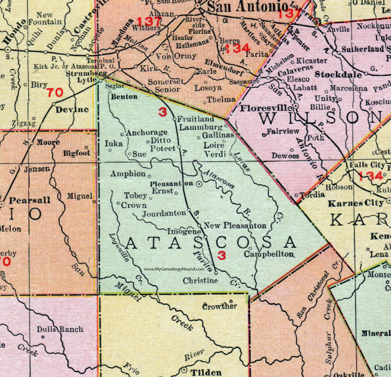 Atascosa County, Texas, 1911, Map, Rand McNally, Pleasanton, Jourdanton, Christine, Poteet, Campbellton, Lammburg