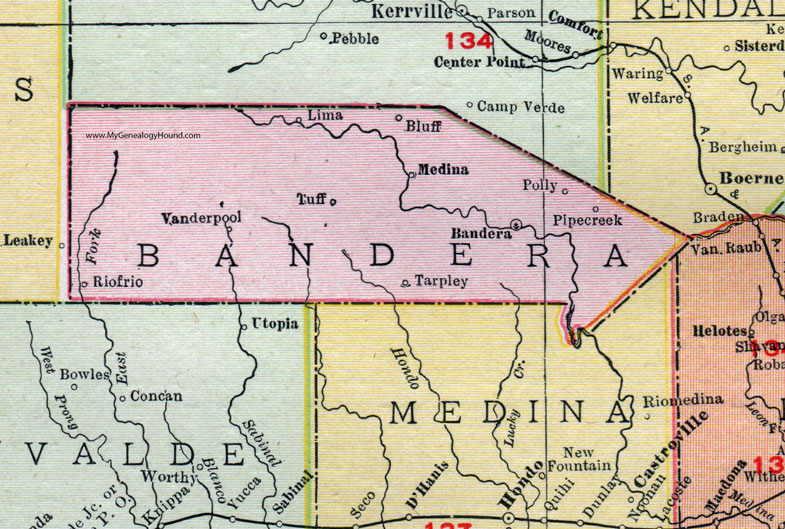 Bandera County, Texas, 1911, Map, Rand McNally, City of Bandera, Pipe Creek, Medina, Vanderpool, Tarpley, Riofrio, Tuff