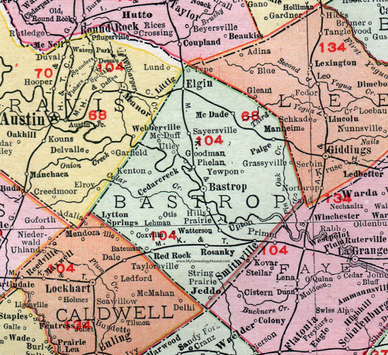 Bastrop County, Texas, 1911, Map, Rand McNally, City of Bastrop, Smithville, Elgin, Rosanky, Red Rock, Sayersville, McDuff, Jeddo