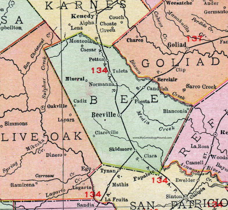 Bee County, Texas, 1911, Map, Rand McNally, Beeville, Skidmore, Mineral, Tuleta, Normanna, Candlish, Monteola, Pettus