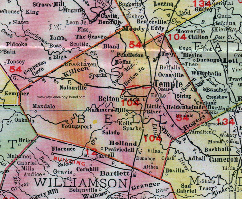 Bell County, Texas, Map, 1911, Temple, Belton, Killeen, Salado, Holland, Little River