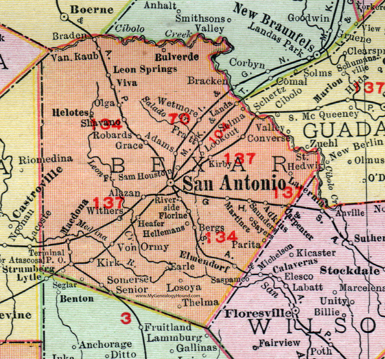 Bexar County, Texas, 1911, Map, Rand McNally, San Antonio, Ft. Sam Houston, Kirby, Macdona, Elmendorf, Bulverde, Helotes, Viva, Leon Springs, Robards, Von Ormy, Martinez, Losoya