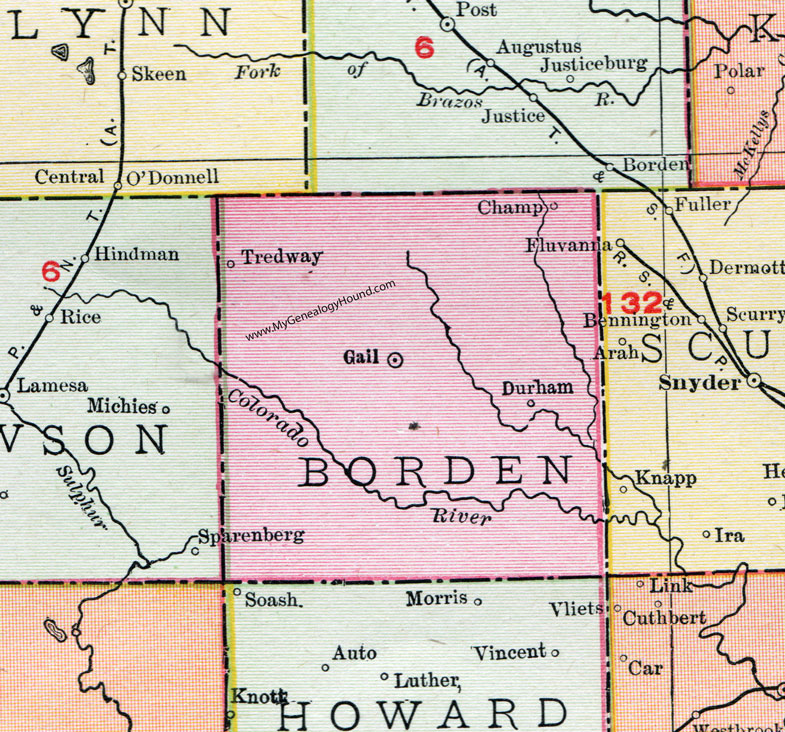 Borden County, Texas, Map, 1911, Gail, Champ, Durham, Tredway