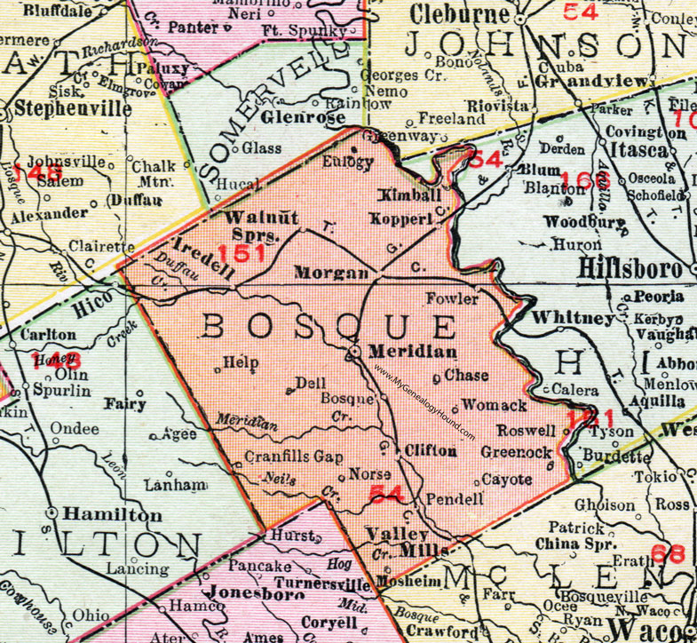 Bosque County, Texas, Map, 1911, Meridian, Clifton, Valley Mills, Walnut Springs, Cranfills Gap, Norse