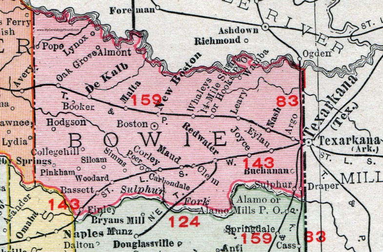 Bowie County, Texas, 1911, Map, Rand McNally, Texarkana, Boston, New Boston, De Kalb, Maud, Redwater, Lynox, Whaleys, Wamba, Eylan, Buchanan, Corley, Pinkham