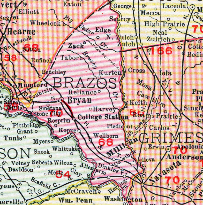 Brazos County, Texas, Map, 1911, Bryan, College Station, Millican, Kurten, Wellborn, Allenfarm
