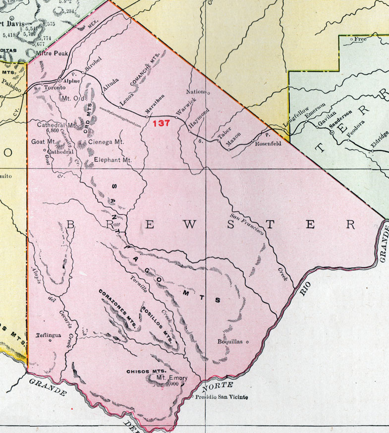 Brewster County, Texas, Map, 1911, Alpine, Marathon, Lenox, Altuda, Rosenfeld, Maxon
