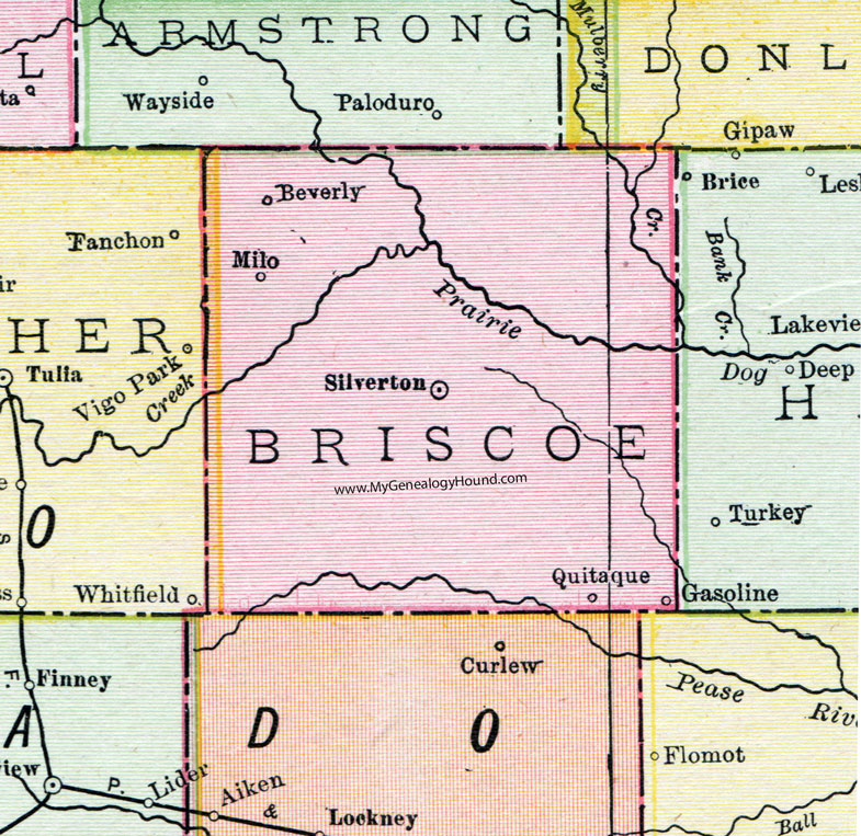 Briscoe County, Texas, Map, 1911, Silverton, Quitaque, Milo, Beverly