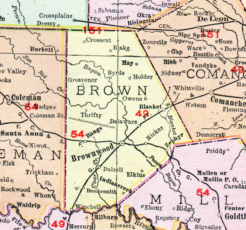 Brown County, Texas, Map, 1911, Brownwood, Brookesmith, Blanket, Bangs, Owens, Zephyr