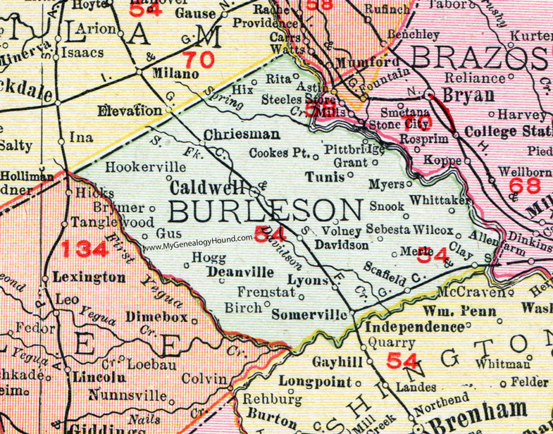 Burleson County, Texas, Map, 1911, Caldwell, Somerville, Snook, Chriesman, Tunis, Deanville