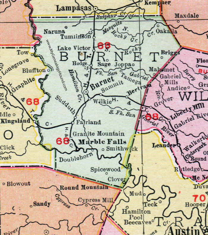Burnet County, Texas, Map, 1911, Burnet City, Marble Falls, Bertram, Sudduth, Joppa, Tamega