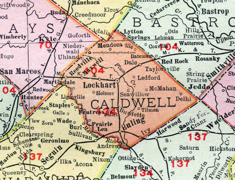 Caldwell County, Texas, Map, 1911, Lockhart, Luling, Mendoza, Martindale, Maxwell, Fentress