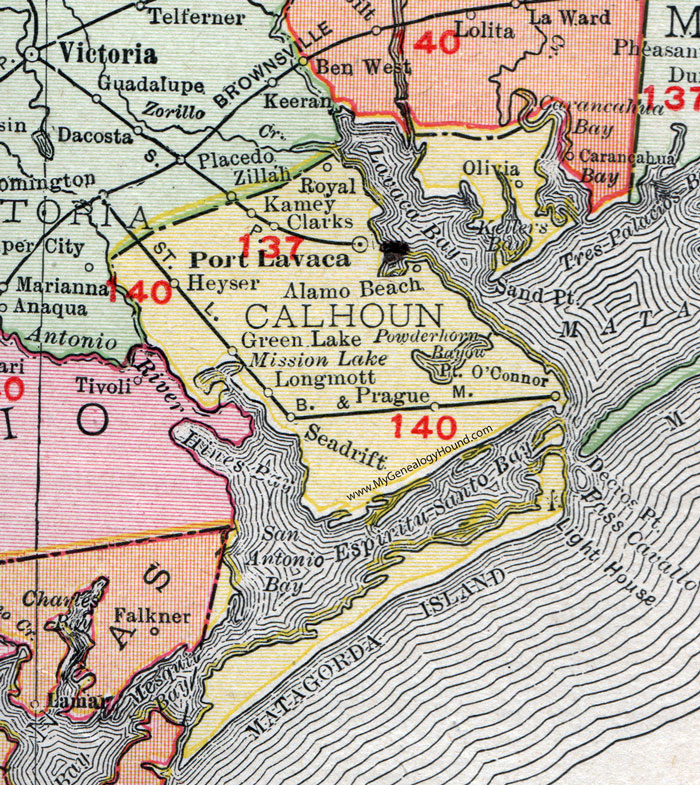 Calhoun County, Texas, Map, 1911, Port Lavaca, Seadrift, Port O'Connor, Long Mott, Alamo Beach, Kamey