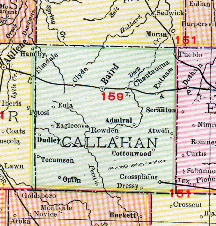 Callahan County, Texas, Map, 1911, Baird, Clyde, Putnam, Cross Plains, Dudley, Tecumseh