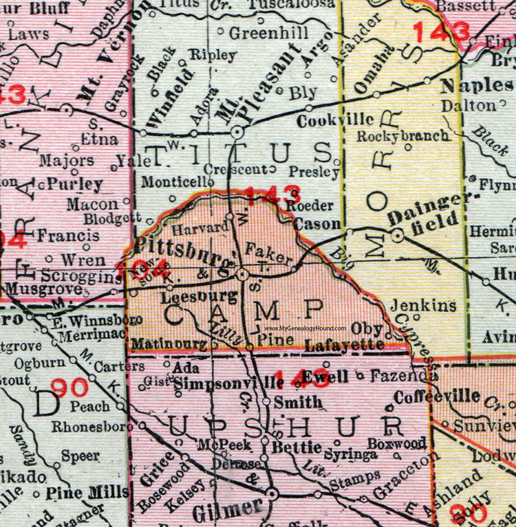 Camp County, Texas, 1911, Map, Rand McNally, Pittsburg, Leesburg, Newsome, Matinburg, Oby, Faker, Harvard, Pine