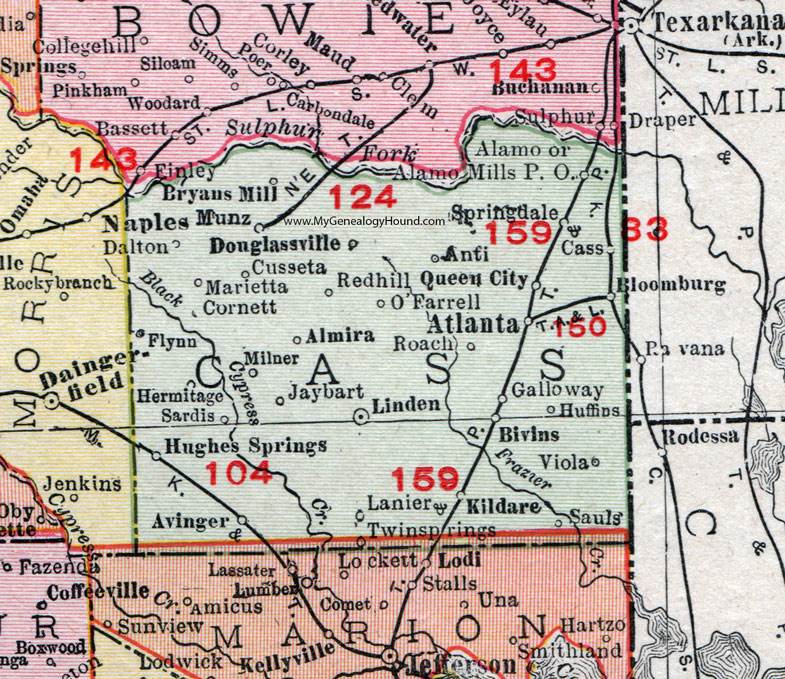 Cass County, Texas, 1911 Map, Rand McNally, Linden, Atlanta, Douglassville, Hughes Springs, Avinger, Marietta, Bloomburg, Queen City, Bryans Mills, Alamo Mills, O'Farrell, Jaybart, Galloway, Cusseta