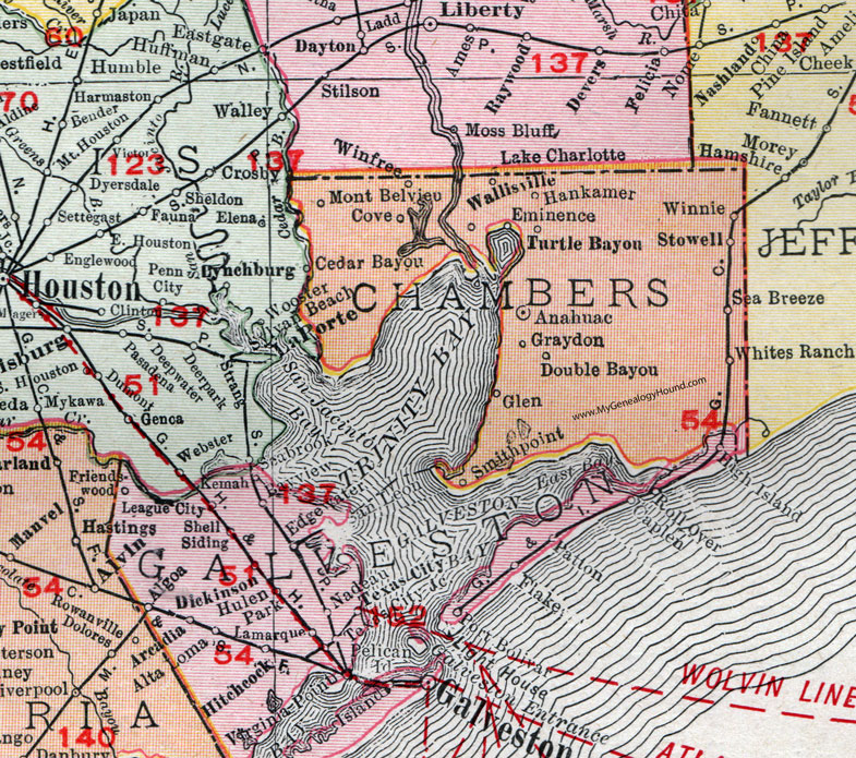 Chambers County, Texas, Map, 1911, Anahuac, Stowell, Winnie, Double Bayou, Wallisville, Winfree, Mont Belvieu