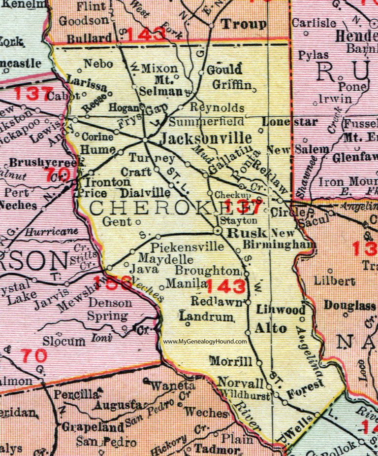 Cherokee County, Texas, 1911, Map, Rand McNally, Rusk, Jacksonville, Alto, Wells, Reklaw, Gallatin, Summerfield, Mt. Selman, Dialville, Maydelle, Pickensville, Norvall, Lone Star, Larissa, Ponta