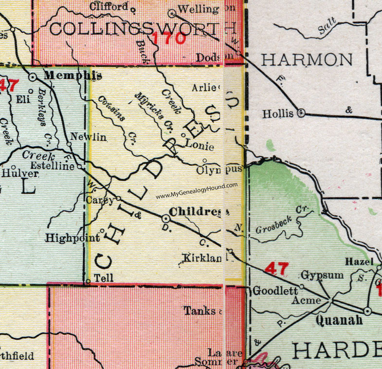 Childress County, Texas, Map, 1911, Childress City, Kirkland, Carey, Tell, Arlie, Olympus, Highpoint, Lonie