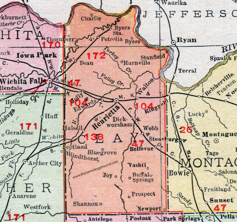 Clay County, Texas, Map, 1911, Henrietta, Jolly, Bellevue, Byers, Petrolia, Newport