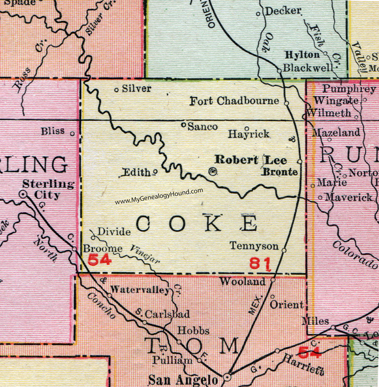 Coke County, Texas, Map, 1911, Robert Lee, Bronte, Silver, Edith, Fort Chadbourne, Tennyson