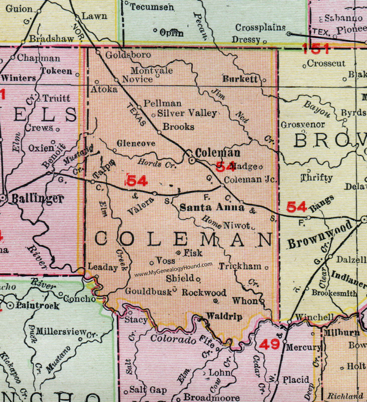 Coleman County, Texas, Map, 1911, Coleman City, Santa Anna, Novice, Burkett, Voss, Goldsboro