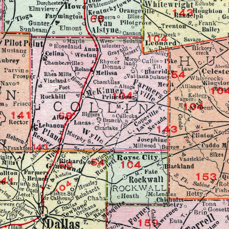 Collin County, Texas, 1911, Map, Rand McNally, McKinney, Plano, Farmersville, Wylie, Melissa, Princeton, Westminster, Anna, Desert, Nevada, Lavon, Allen, Blue Ridge