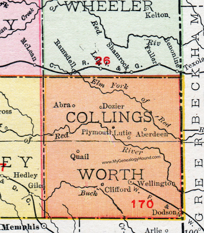 Collingsworth County, Texas, Map, 1911, Wellington, Dodson, Quail, Dozier, Aberdeen, Plymouth