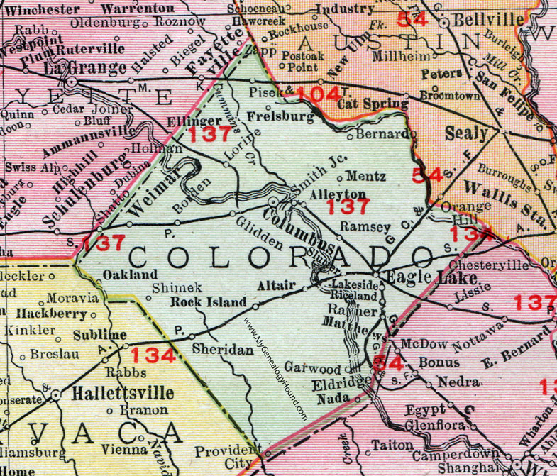 Colorado County, Texas, Map, 1911, Columbus, Eagle Lake, Weimar, Alleyton, Rock Island, Altair, Glidden
