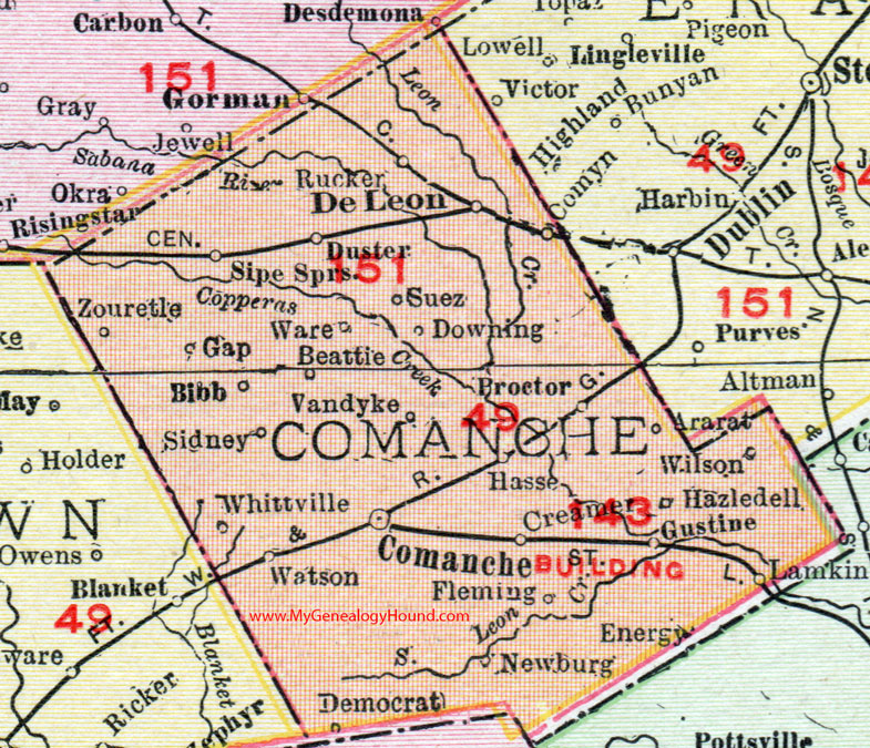 Comanche County, Texas, 1911, Map, Comanche City, De Leon, Gustine, Proctor, Sidney, Vandyke, Hasse, Energy, Lamkin, Rucker, Downing, Zouretle