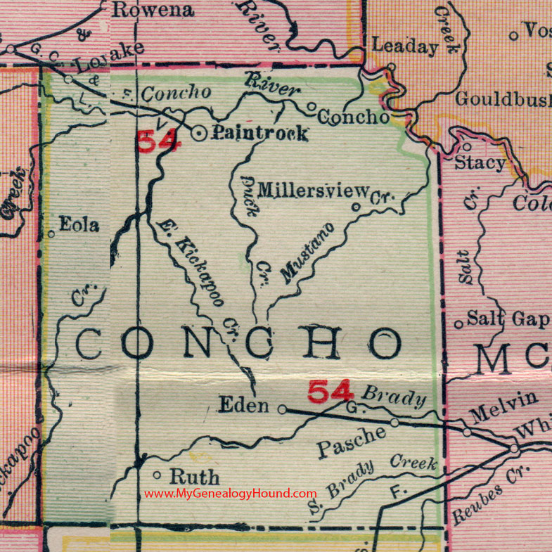 Concho County, Texas, 1911, Map, Paint Rock, Pasche, Eola, Eden, Millersview, Ruth, Lowake, Concho City