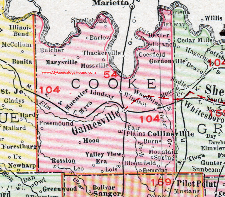 Cooke County, Texas, 1911, Map, Gainesville, Muenster, Rosston, Hood, Valley View, Lindsay, Myra, Marysville, Woodbine, Era, Bloomfield, Barlow, Bulcher