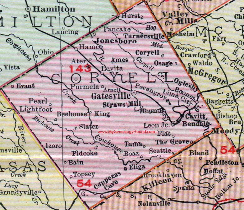 Coryell County, Texas, 1911, Map, Gatesville, Copperas Cove, Purmela, Straws Mill, Pidcoke, Slater, Tama, Cavitt, Oglesby, Jonesboro, Turnersville, Bain, Topsey