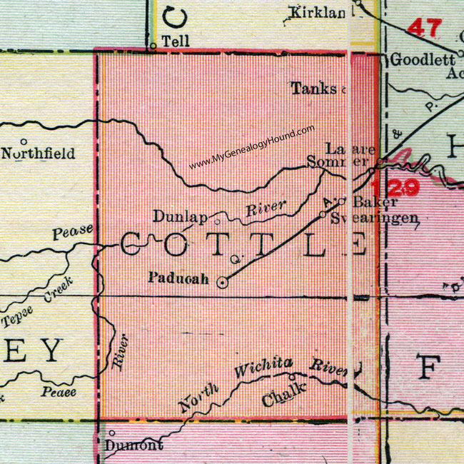 Cottle County, Texas, Map, 1911, Paducah, Dunlap, Swearingen, Chalk, Baker, Lazare, Sommer, Tanks