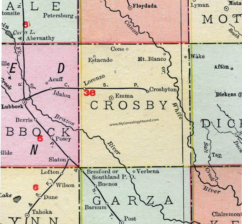Crosby County, Texas, Map, 1911, Crosbyton, Emma, Lorenzo, Cone, Estacado, Mt. Blanco