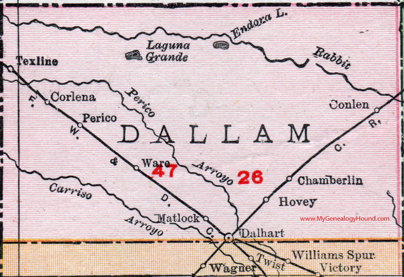 Dallam County, Texas, 1911, Map, Dalhart, Texline, Chamberlin, Conlen, Hovey, Matlock, Ware, Perico, Corlena