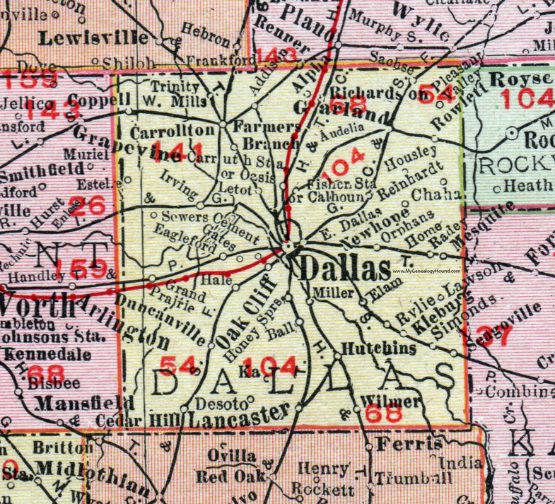 Dallas County, Texas, 1911, Map, Rand McNally, Garland, Mesquite, Lancaster, Duncanville, Irving, Farmers Branch, Richardson, Grand Prairie, Oak Cliff, Hutchins, Wilmer, Cedar Hill, Carrollton, Coppell