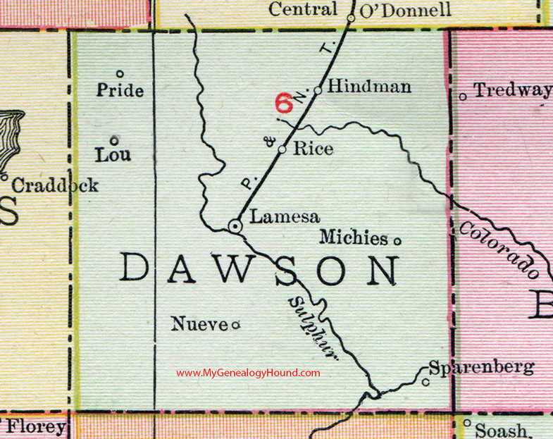 Dawson County, Texas, 1911, Map, Lamesa, Hindman, Michies, Sparenberg, Nueve, Rice, Pride, Lou