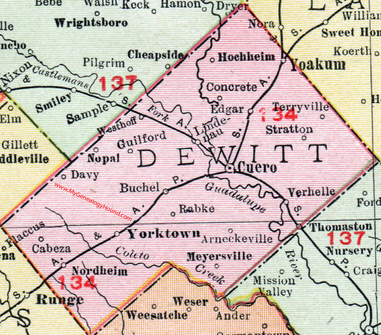 DeWitt County, Texas, 1911, Map, Cuero, Yoakum, Yorktown, Hochheim, Nordheim, Meyersville, Thomaston, Westhoff, Concrete, Edgar, Lindenau, Cabeza, Stratton