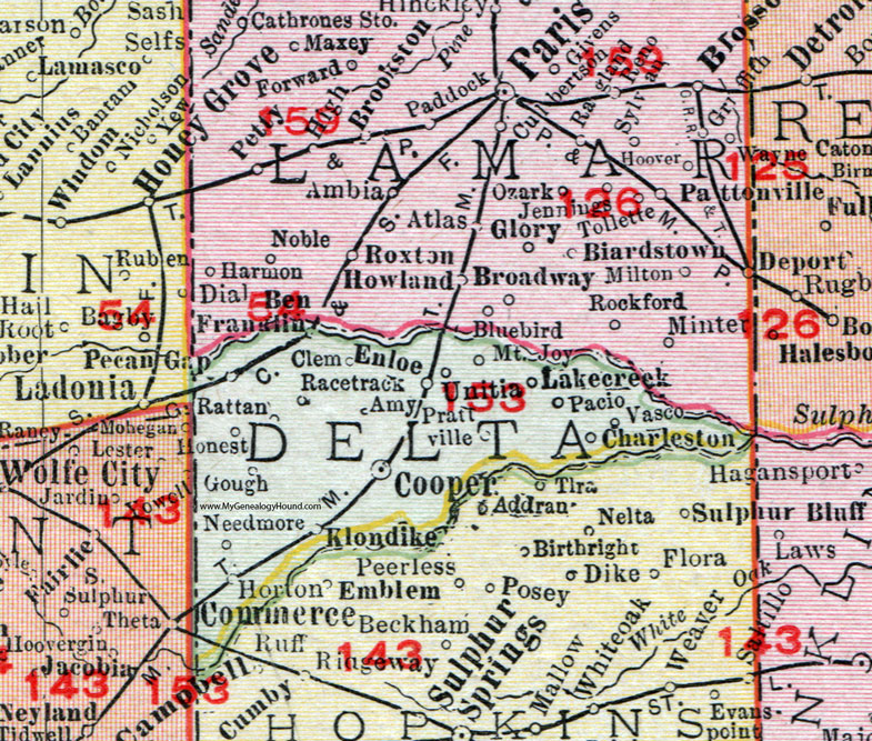 Delta County, Texas, 1911, Map, Rand McNally, Cooper, Pecan Gap, Charleston, Klondike, Horton, Needmore, Gough, Rattan, Racetrack, Enloe, Ben Franklin, Pacio, Vasco, Mt. Joy, Unitia, Prattville
