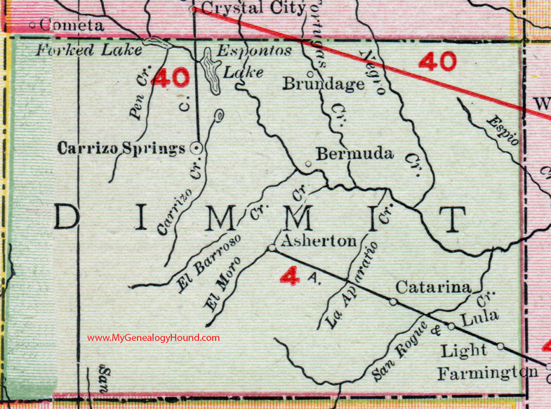 Dimmit County, Texas, 1911, Map, Carrizo Springs, Asherton, Catarina, Brundage, Bermuda, Lula, Light