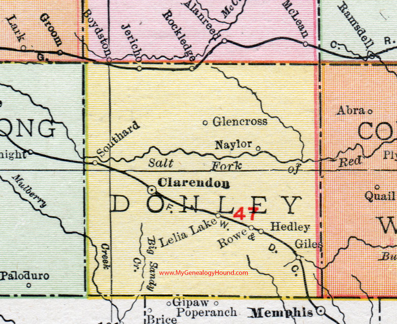 Donley County, Texas, 1911, Map, Clarendon, Hedley, Giles, Jericho, Lelia Lake, Rowe, Naylor, Glencross, Southard, Rockledge