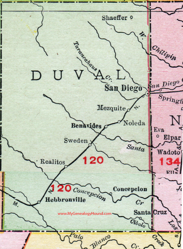 Duval County, Texas, 1911, Map, San Diego, Benavides, Hebbronville, Concepcion, Realitos, Santa Cruz, Sweden, Noleda, Mezquite, Shaeffer